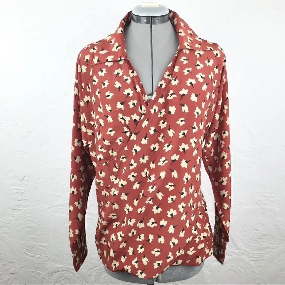 Ark & Co. Rust Flower Print Faux Wrap Long Sleeve Blouse NEW